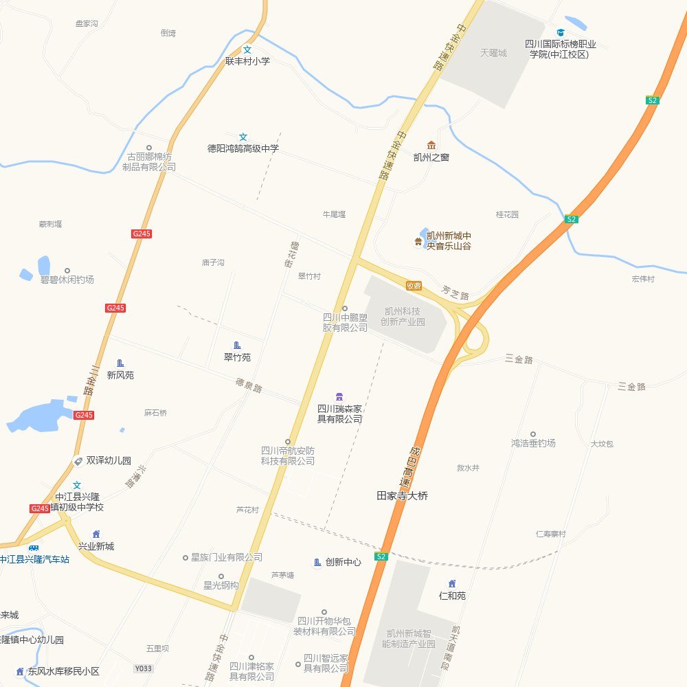 畅通九州管业厂区位置地图：四川省德阳市凯州新城工业园，凯州科技创新产业园西南侧、凯歌大道东侧、三金路北侧